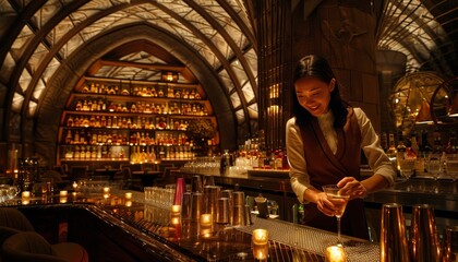 Friendly bartender skillfully mixing creative cocktails at a trendy and stylish bar setting