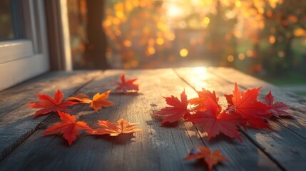 Obraz premium Fall Home Decor with Red Maple Leaves on Textured Wooden Surface