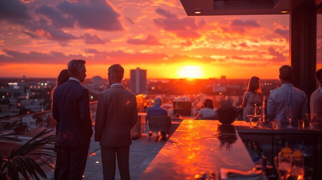 Business People Networking at Rooftop Terrace Event with Sunset View