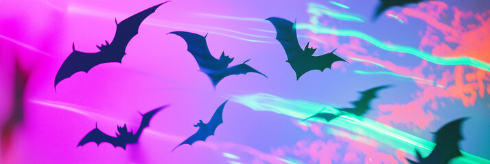 Dynamic Neon Light Trails of Flying Bats Over Pumpkins
