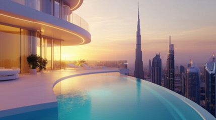 Fototapeta premium Stunning modern luxury penthouse with city skyline view in dubai at sunset
