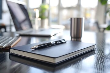 A Modern Workspace with a Notebook, Pen, and Laptop