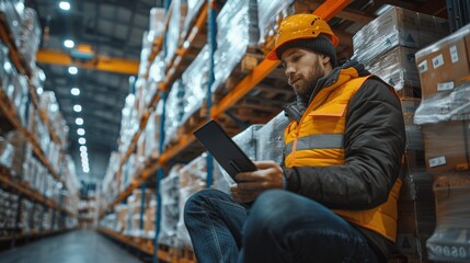 Warehouse worker in high vis vest using tablet on bench surrounded by pallets