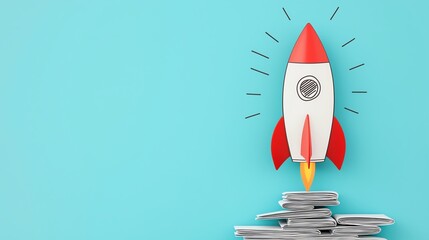 Rocket launching from a stack of papers, bright blue background.