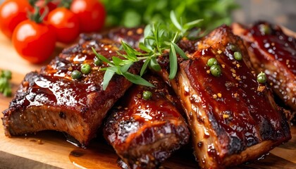 Succulent BBQ ribs with herbs and tomatoes, gourmet dining, culinary delight promo