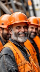 A group of smiling workers wearing orange safety helmets and workwear, standing in front of the camera with their faces visible