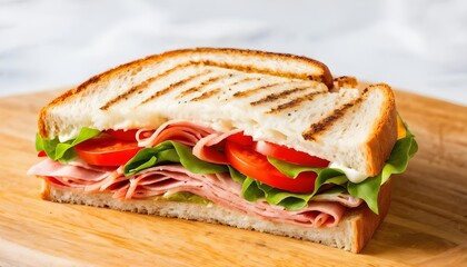 Fresh ham and veggie sandwich on wooden board, perfect for food advertising banner