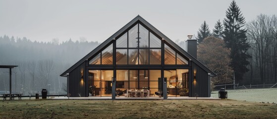 Obraz premium A modern A-frame house with expansive glass walls stands serenely amidst a misty woodland, showcasing a cozy interior glow against the tranquil forest backdrop.