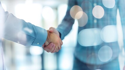 Two businessmen shaking hands in a modern office, symbolizing a successful merger and collaboration, professional handshake in corporate environment.