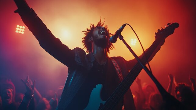 A young Black man sings with a guitar in hand while performing on stage.