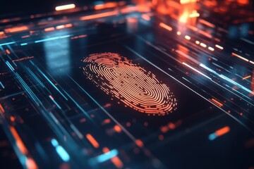 A digital fingerprint scan displayed on a glowing screen with vibrant color patterns