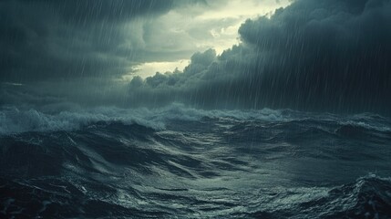 Fototapeta premium A dramatic rainstorm over the ocean, with dark clouds and heavy rain falling over the waves.