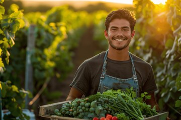 Young man carrying fresh vegetables at sunset in vineyard, smiling with apron, lush greenery, natural beauty
