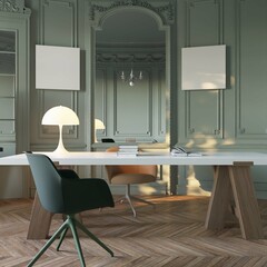 modern classic home office interior background with desk and chair. poster mockup. 3d rendering