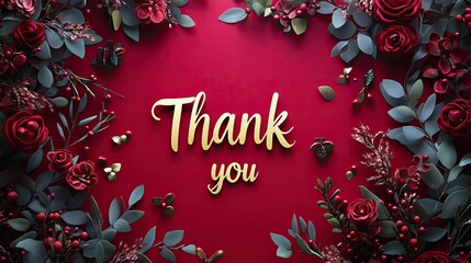 Thank you golden text on red background. Calligraphy lettering on gold glitter confetti template for wedding thank you cards, tags, banners, posters, labels, textiles, invitation and greeting card