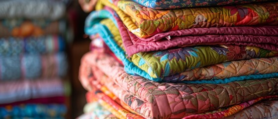 A stack of colorful, intricately patterned quilts neatly folded, showcasing warmth and artisanal craftsmanship in vibrant hues.