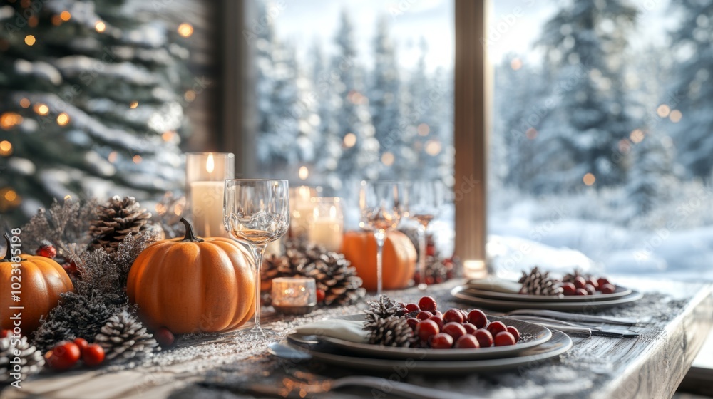 Poster a table with a beautiful fall table setting with candles, wine glasses