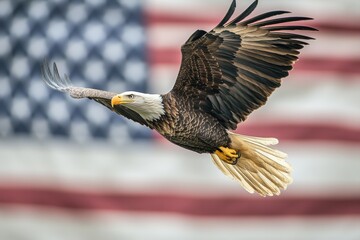 Naklejka premium Majestic bald eagle soaring against a backdrop of the American flag in bright daylight