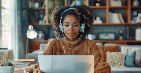 Black woman working on a laptop with headphones at home office desk, remote work and online course in living room