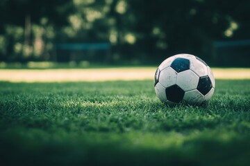 Fototapeta premium Dynamic shot of a soccer ball resting on a green field during a sunny day