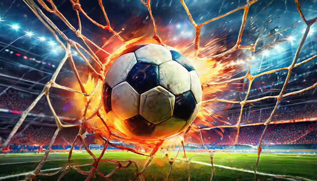  A glowing soccer ball crashes into the net in a thrilling moment during a high-energy match under the intense glow of stadium lights.