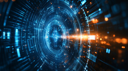 Fototapeta premium Abstract futuristic holographic background with glowing digital interface featuring AI technology visual elements, cyber grid textures, virtual data patterns, and vibrant neon light effects