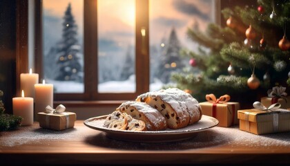 Naklejka premium Stollen on a table against the background of a Christmas room with a Christmas tree and a fireplace.