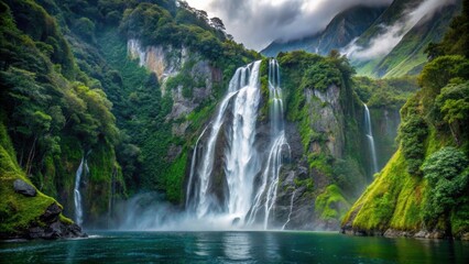 Obraz premium Moody waterfall cascading in lush tropical rainforest at Milford Sound, waterfall, tropical, rainforest, Milford Sound, nature