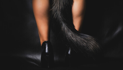Rear view of legs of a woman wearing glamorous black faux fluffy tail, sleek patent leather high heels standing on a leather background, suggestive provocative fetish, bdsm, tatseful erotic kink theme