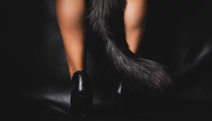 Rear view of legs of a woman wearing glamorous black faux fluffy tail, sleek patent leather high heels standing on a leather background, suggestive provocative fetish, bdsm, tatseful erotic kink theme © Carla Tracy