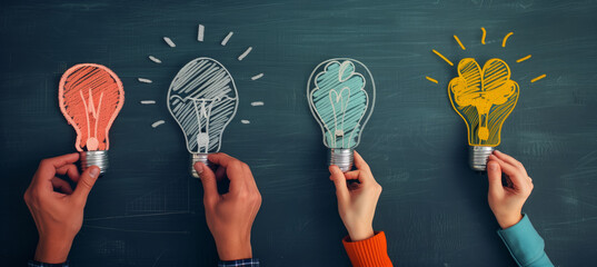 Group of people holding up four different colored light bulbs. Concept of creativity and innovation, as the light bulbs represent different ideas and perspectives