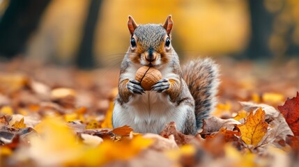 Obraz premium A squirrel is sitting on the ground and eating a nut