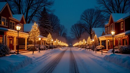 Obraz premium Christmas Holiday lights twinkling on a street lined with snow-covered houses and trees.