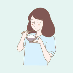 Happy woman holding bowl, eating rice with wooden chopsticks. Hand drawn flat cartoon character vector illustration.