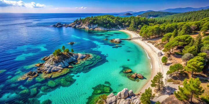 Aerial view of beautiful orange beach Kavourotripes in Halkidiki, Greece, with turquoise lagoon, sandy shore