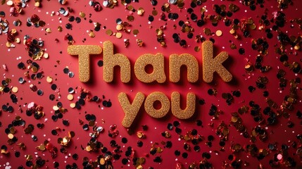 Thank you golden text on red background. Calligraphy lettering on gold glitter confetti template for wedding thank you cards, tags, banners, posters, labels, textiles, invitation and greeting card