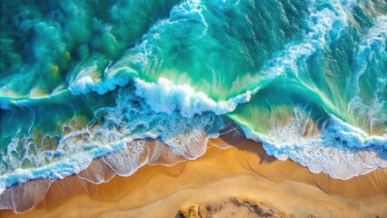 Aerial view of turquoise sea waves crashing on sandy coast, ocean, beach, waves, seashore, coast, aerial view, water, blue