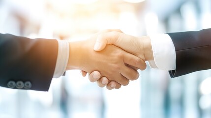 Two businessmen shaking hands in a modern office, symbolizing a successful merger and collaboration, professional handshake in corporate environment.