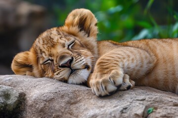 Gentle lion cub resting peacefully on a sunny rock in a natural habitat setting