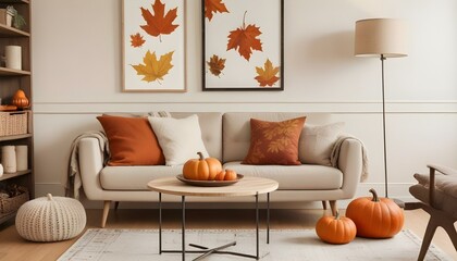 A cozy living room with a beige sofa, a wooden coffee table with autumn decor, and framed artwork featuring fall leaves on the wall.
