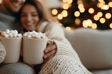 A couple embraces joyfully while holding mugs of hot chocolate with marshmallows, the room softly illuminated by the warm glow of Christmas lights around them.