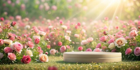 Natural beauty podium backdrop with spring rose flower field scene, spring, rose, flower, field, natural, beauty, podium