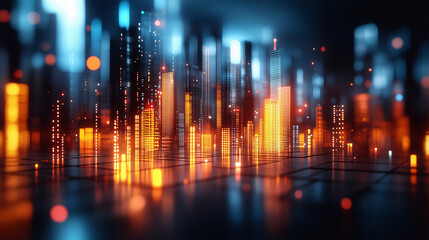 Futuristic holographic cityscape glowing with lights symbolizing AI connectivity, 5G network, Wi-Fi, electrical grid, global communication, technological advancement, and modern digital infrastructure