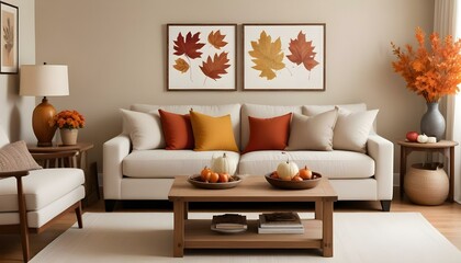 A cozy living room with a beige sofa, a wooden coffee table with autumn decor, and framed artwork featuring fall leaves on the wall.