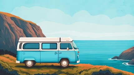 Vintage blue camper van parked on a cliff overlooking the ocean.