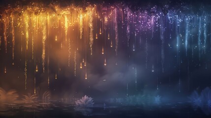 A serene night scene with colorful cascading lights and reflections in a tranquil water setting.