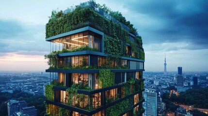Obraz premium A sustainable steel-and-glass skyscraper with energy-efficient design, featuring living walls and rooftop solar panels. It offers a stunning view of the horizon.