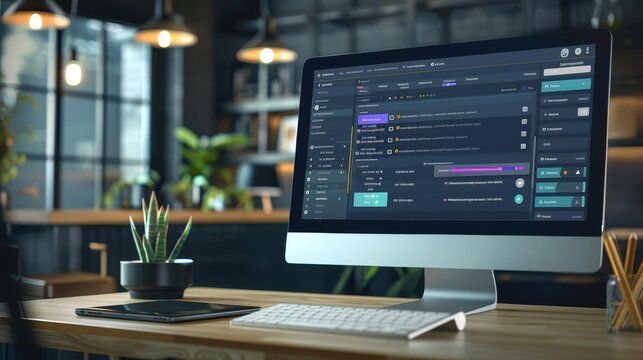 Customer relationship management system on a computer, displaying client interactions and sales pipeline with copy space