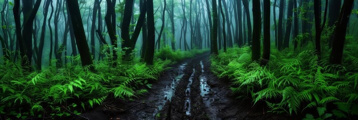 Obraz premium A misty forest path with tall trees and lush greenery.