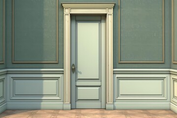 Closed white door with gold handle in a room with light blue walls and white moldings.